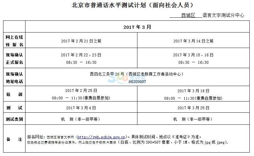 2017年1-6月份北京普通话考试时间公布